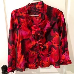 Ann Klein Red Floral Print Button Down Blouse with Ruffles